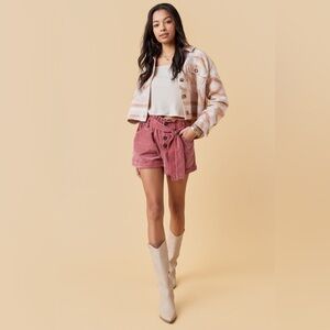 Francesca's//Tgla Pink Boho High-Waisted Corduroy Paperbag Tie-Belted Shorts NWT